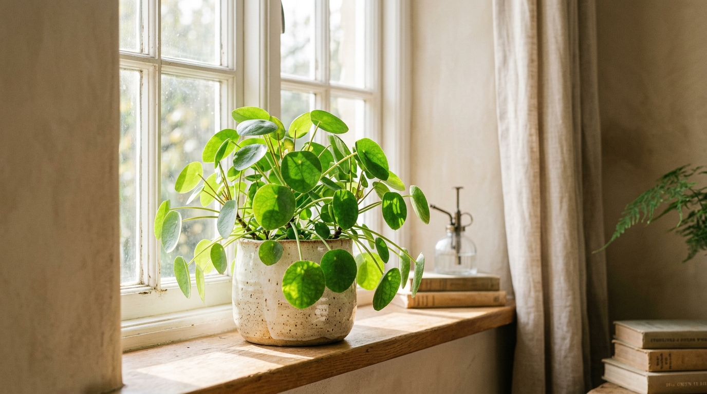 Planta em vaso próximo à janela iluminada