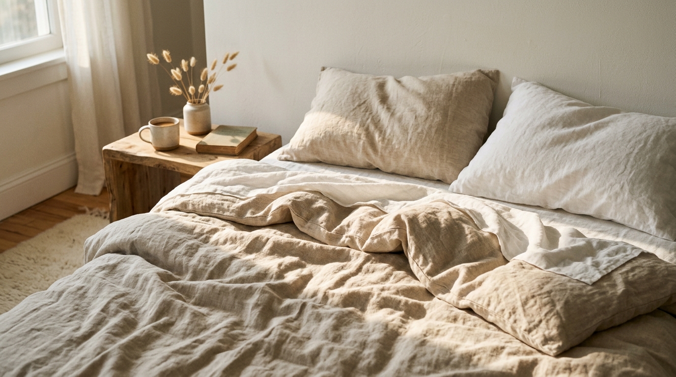 Quarto em tons suaves com cama desfeita representando distanciamento
